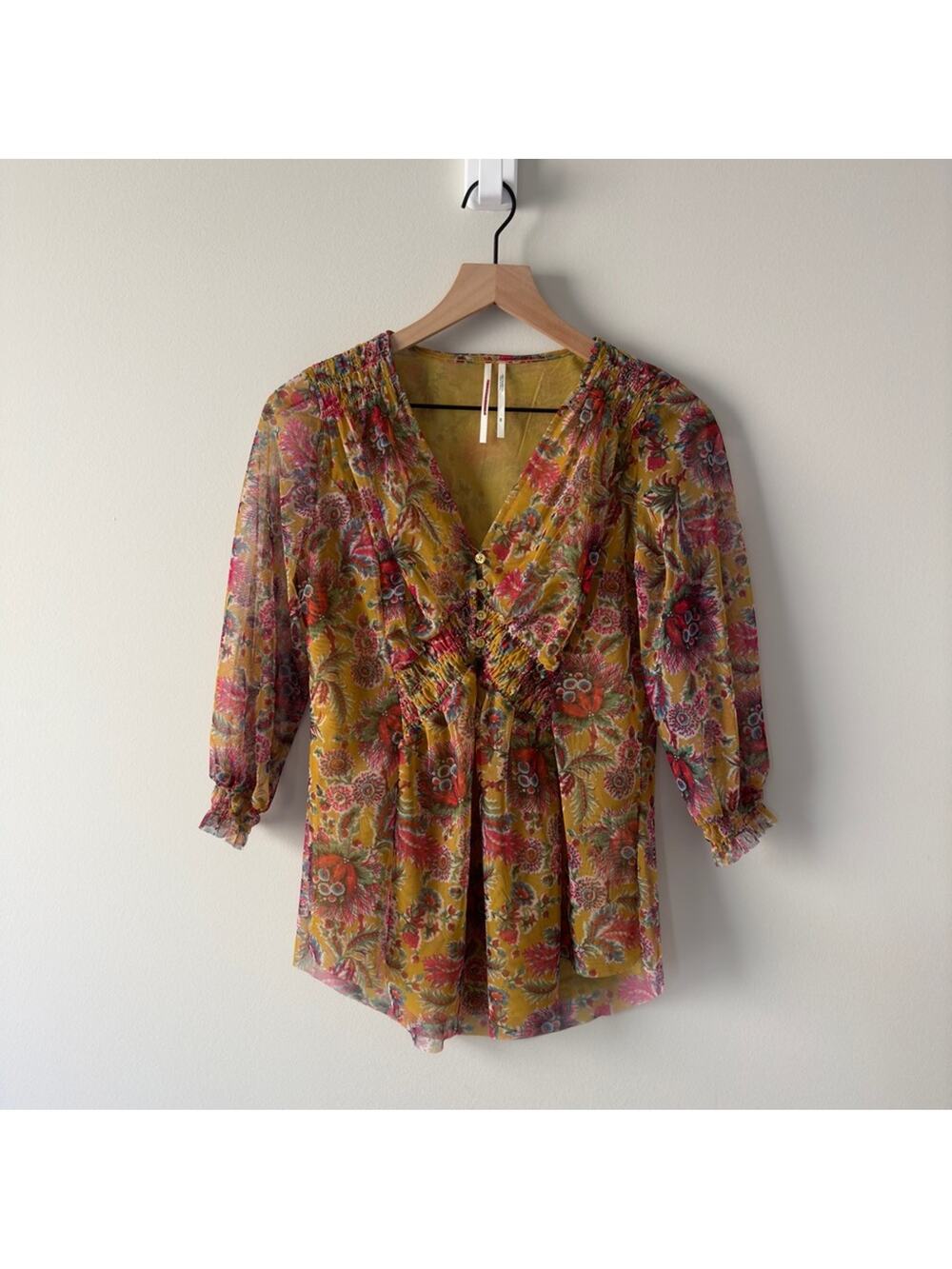 Anthropologie Chiffon Button Up Front 3/4 sleeve top floral stretch layered XS